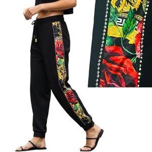 Nice Istanbul Pants Black-Multicolor Tropical Floral/Rhinestone Sides Pull On M
